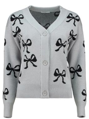 Grey Bow-Print V-Neck Cardigan Sweater